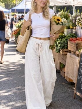 Wide Leg Drawstring Linen blend Pants - Cream